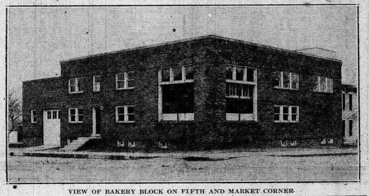 Historic newspaper photo of the bakery block on Fifth and Market corner